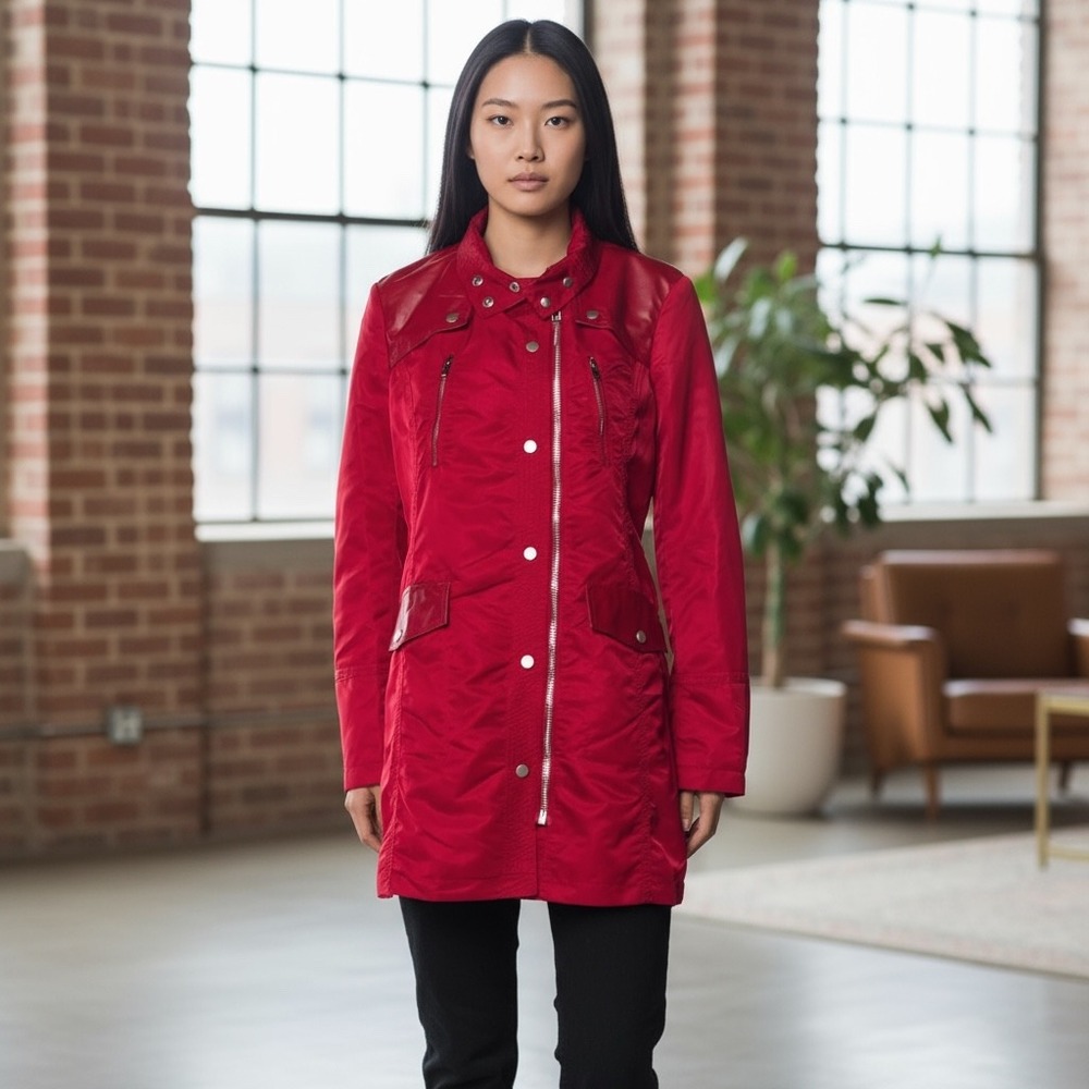 Samantha Sipos Red Nylon Jacket Leather Trim Moto Long‎ Coat Large NEW